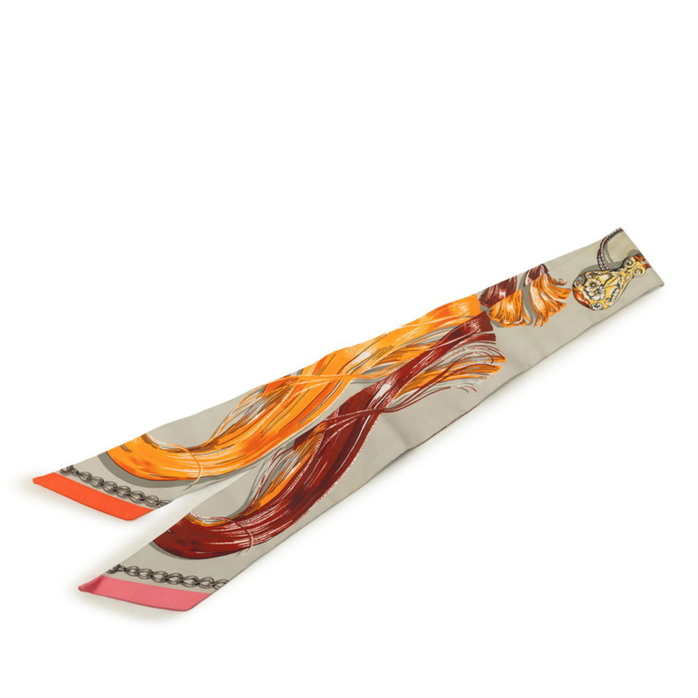 Hermes Twilly Cavalcades Scarf/Muffler, Orange/Beige/Multicolor Silk, Women's